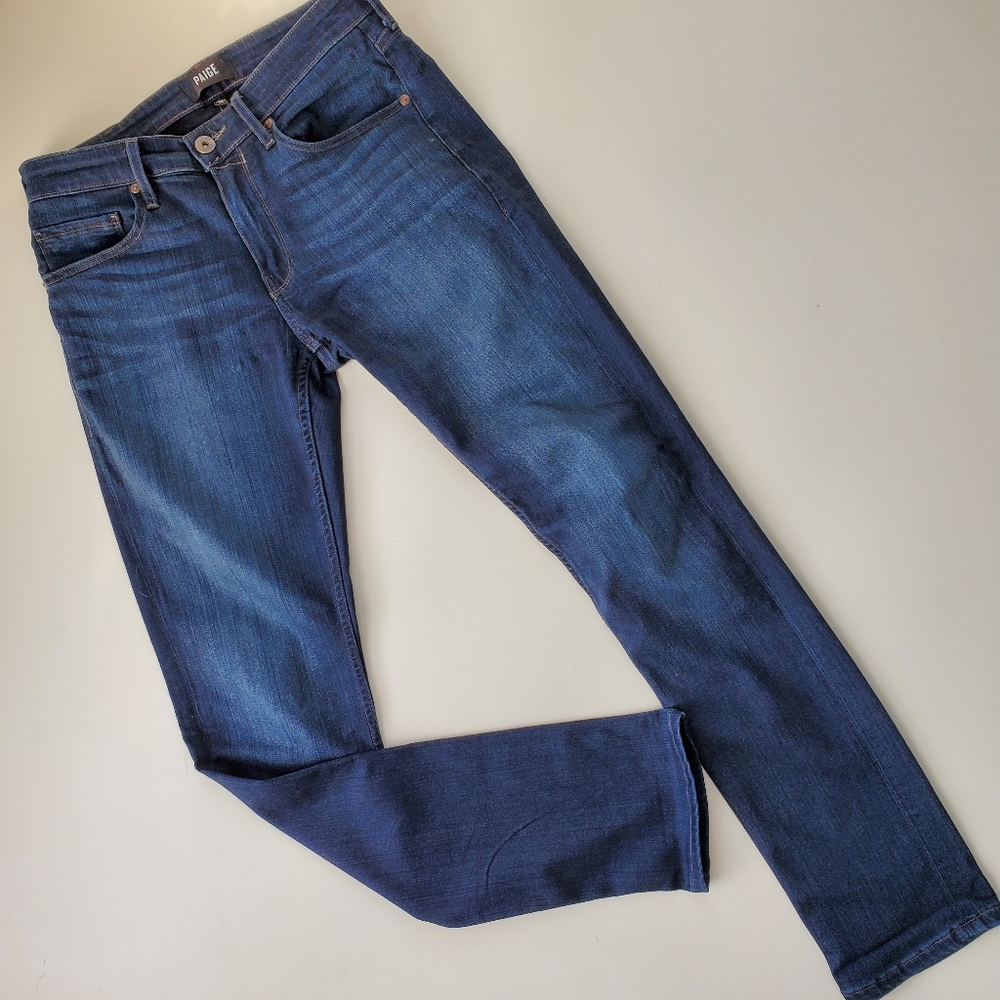 PAIGE Lennox slim Tapered stretch mid-dark blue jeans like new